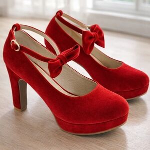 Red Velvet Mary Jane Heels Bow Ankle Strap